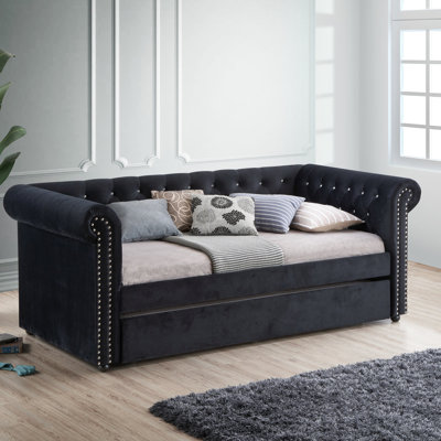 Luxurious 1Pc Modern Aesthetic Beautifully Button Tufted Nailhead Trim Design Daybed Built-In Pull-Out Trundle Bed Living Space Guest Room Bedroom by Lark Manor
