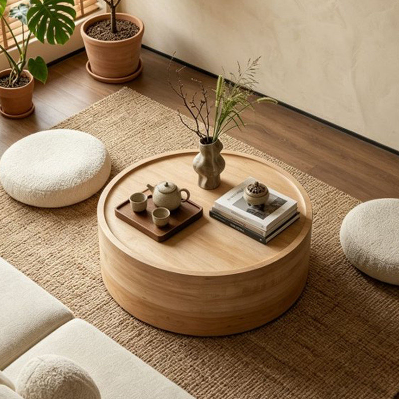 Table basse ronde de 31,5 po avec finition grain de bois naturel, table d'appoint minimaliste pour le salon, sans assemblage