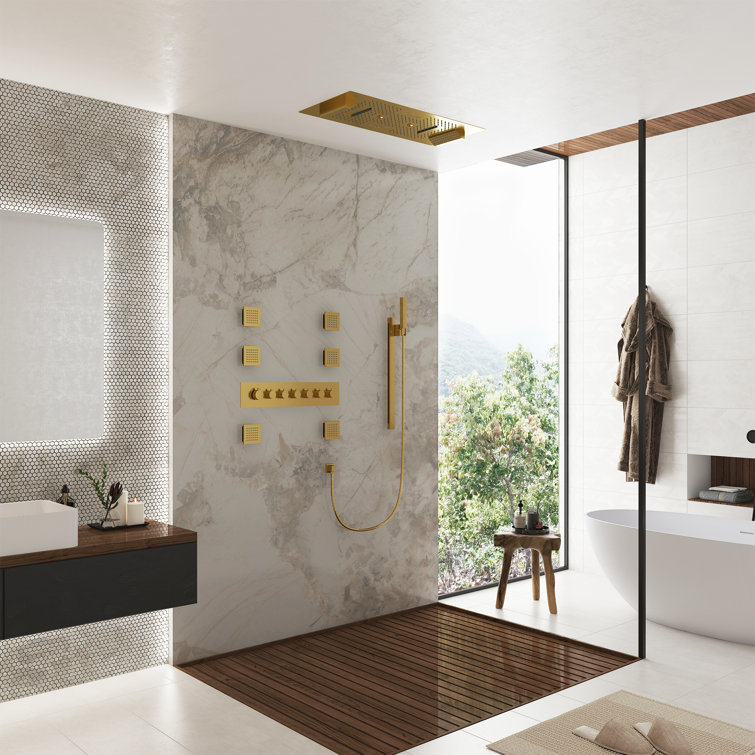 Rodeo 36-Inch LED & Music Rainfall Thermostatic Shower System with Slide Bar and 2-in-1 Handheld