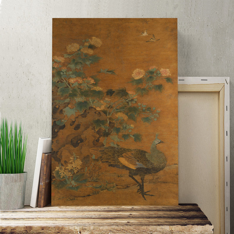 Oriental Peacock and Hollyhock by - Wrapped Canvas, 76cm H x 50cm W