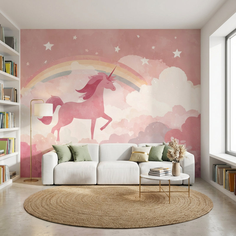 Papier peint licorne arc-en-ciel nuage amovible double rouleau, 120 po x 96 po, Peler et coller