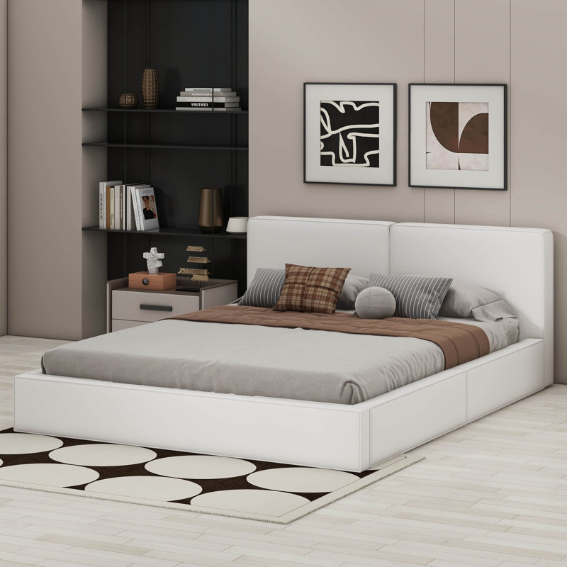 Grand lit tapissier au sol en velours, Beige