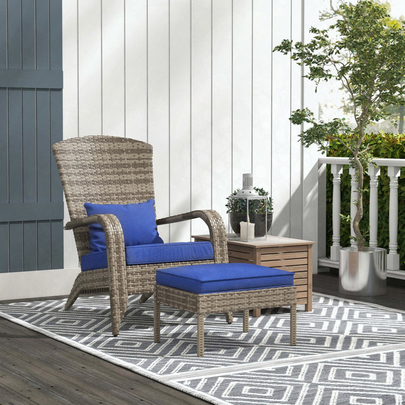 Wicker Adirondack Chair and Ottoman Set with Padded Cushions, Blue
