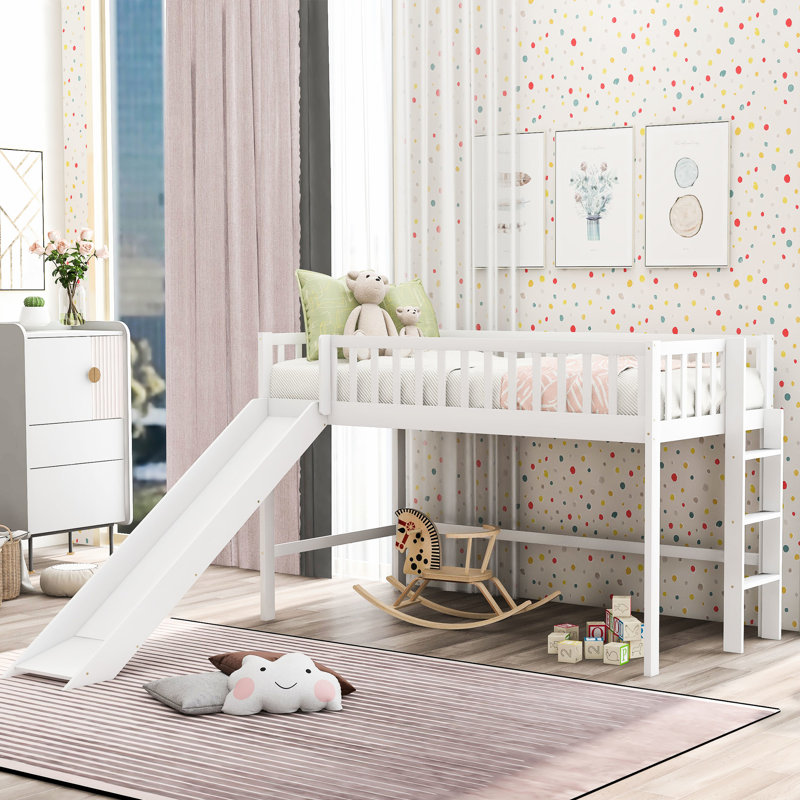 Lit mezzanine bas blanc simple avec glissoire de divertissement, Twin, White