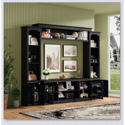 All-in-One Modern TV Stand with Bookcase, Tempered Glass Doors, and Adjustable Shelves for TVs Up to 65-inch