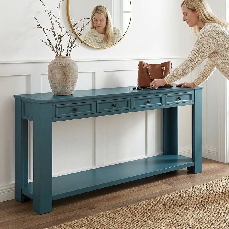 63"High-End Rustic Sofa Table With Drawers - Sturdy Craftsmanship, Hallway Storage Solution, Blue