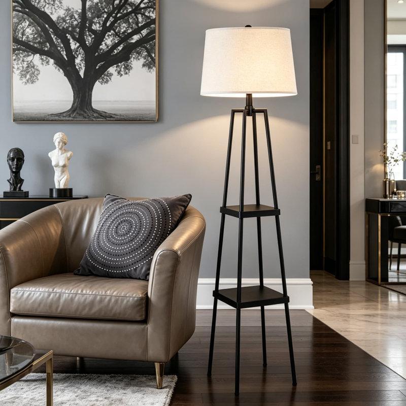 Lampe sur pied moderne avec tablettes, lampe sur pied réglable pour le salon, éclairage compatible avec maison intelligente avec tablettes intégrées