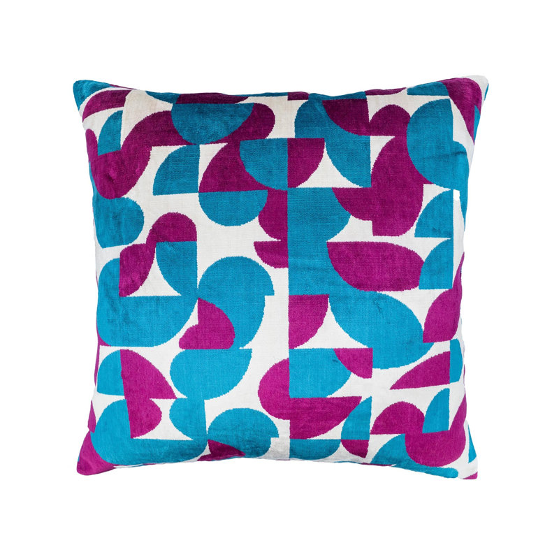 Oreiller en velours de soie Miro Green Ikat, 20 po x 20 po, Bleu / mauve