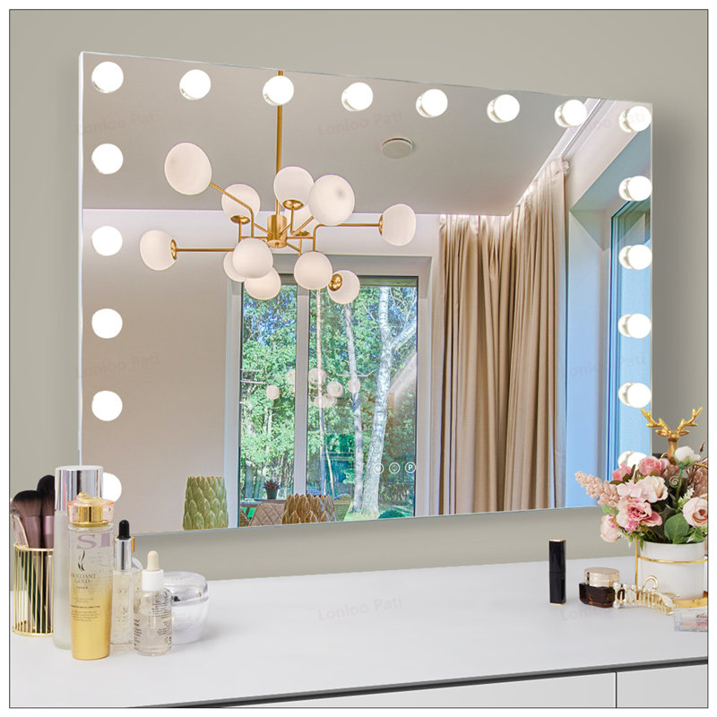 Grand miroir de meuble-lavabo lumineux avec 18 ampoules à DEL à intensité variable, 3 modes de couleur et charge USB pour le maquillage et le montage mural