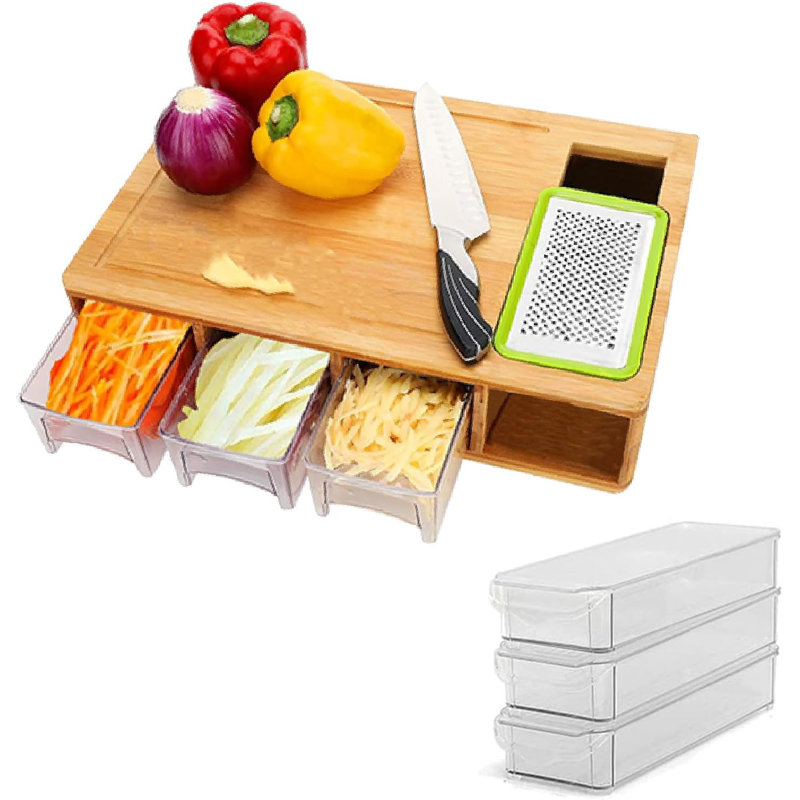 Belfry Kitchen Bamboo Chopping Board With Containers 4 Storage Drawer Trays With Lids And 4 Style Of Graters Cutting Board