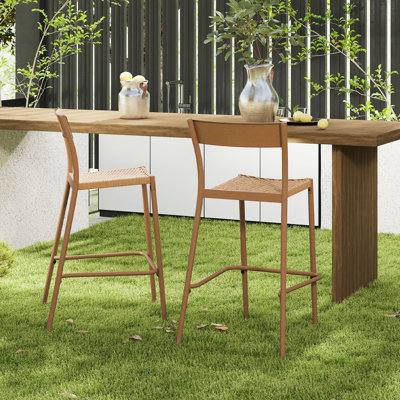 Patio Barstools Outdoor Bar Height Chairs w/ Rattan Seat & Metal Backrest
