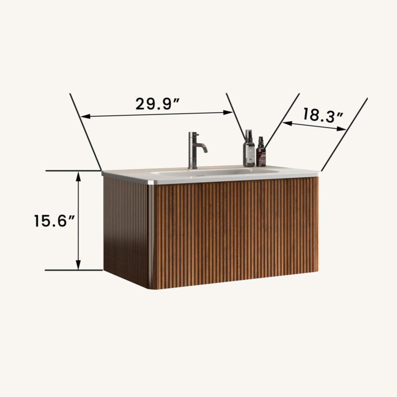 30" Walnut and White Wall-Mounted Bathroom Vanity with Ceramic Sink