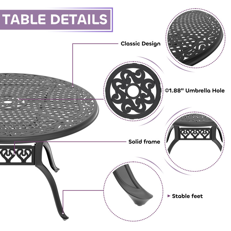 5-Piece Patio Dining Set, 48.03" Round Dining Table with Umbrella Hole & 4 Stackable Chairs with Blue Cushions