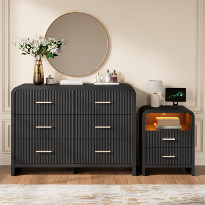 Janean 2 Piece Bedroom Set - Fluted 6 Drawer Double Dresser And 2 Drawer Fluted Nightstands,curved Profile Design，black