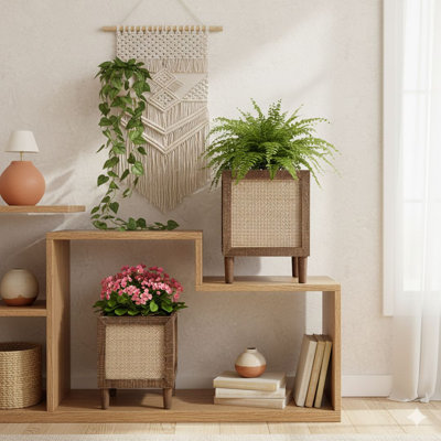 Wood and Rattan Elevated Indoor Planter Set
