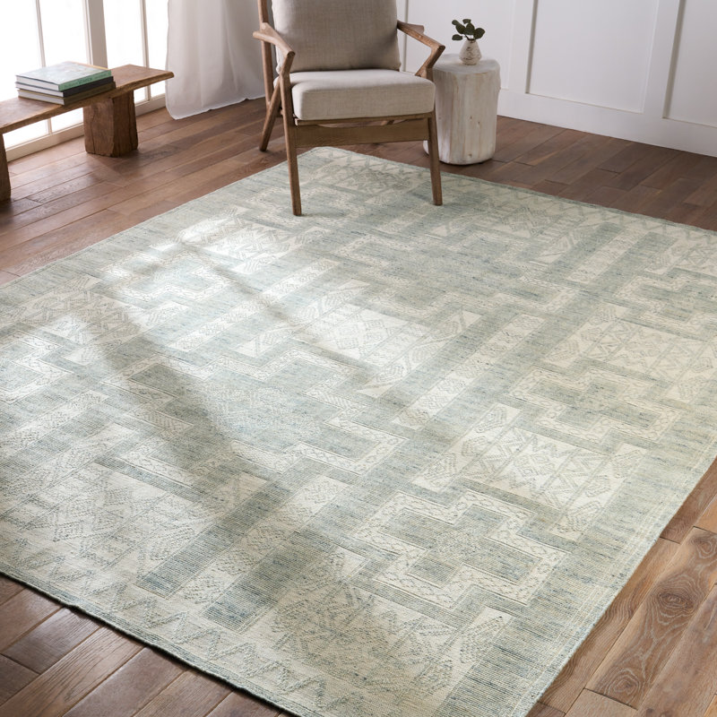 Tapis géométrique bleu clair / ivoire noué à la main Monarch (6 pi x 9 pi), Rectangle 6 pi x 9 pi, Bleu clair / ivoire