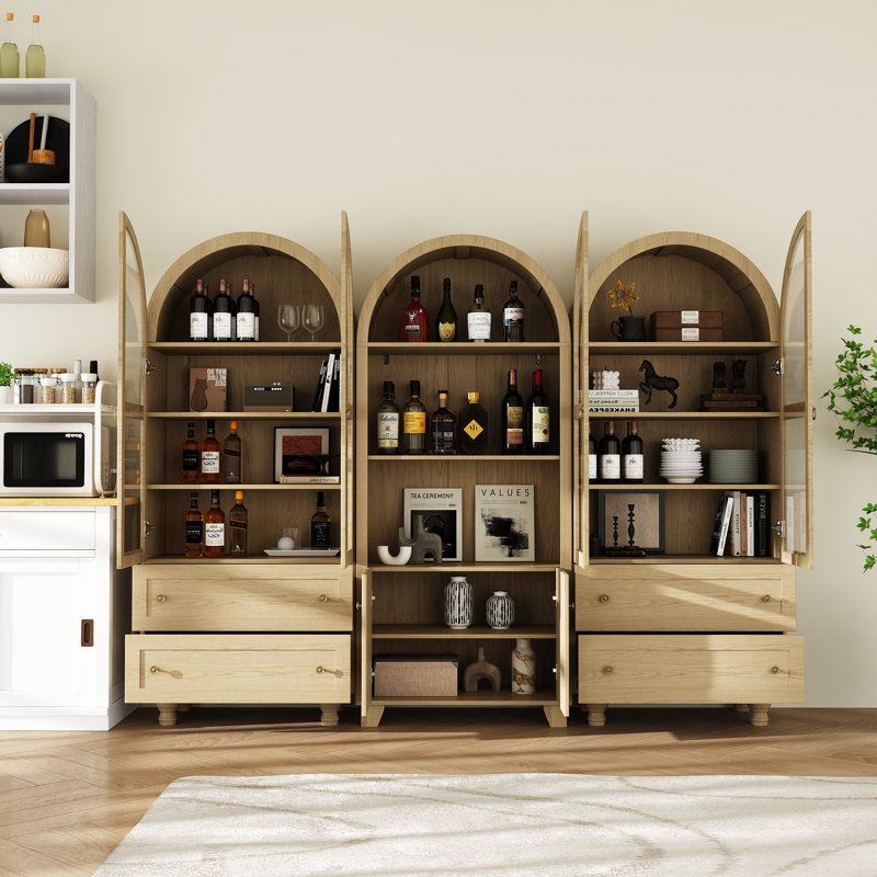  71'' H Kitchen Pantry With Bookcases, Storage Cabinet With Glass Doors, Drawer And Open Shelves, Natural
