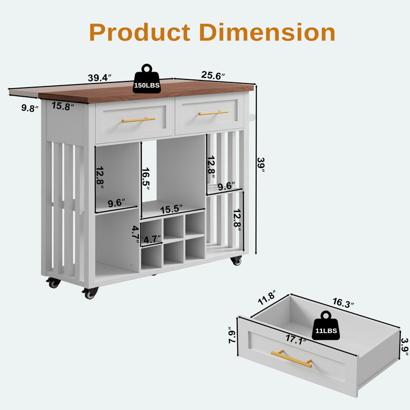 39.4'' L Modern Rolling Kitchen Island With Drop Leaf Countertop And Wine Rack, Wooden Kitchen Cart With 2 Storage Drawers And Towel Rack