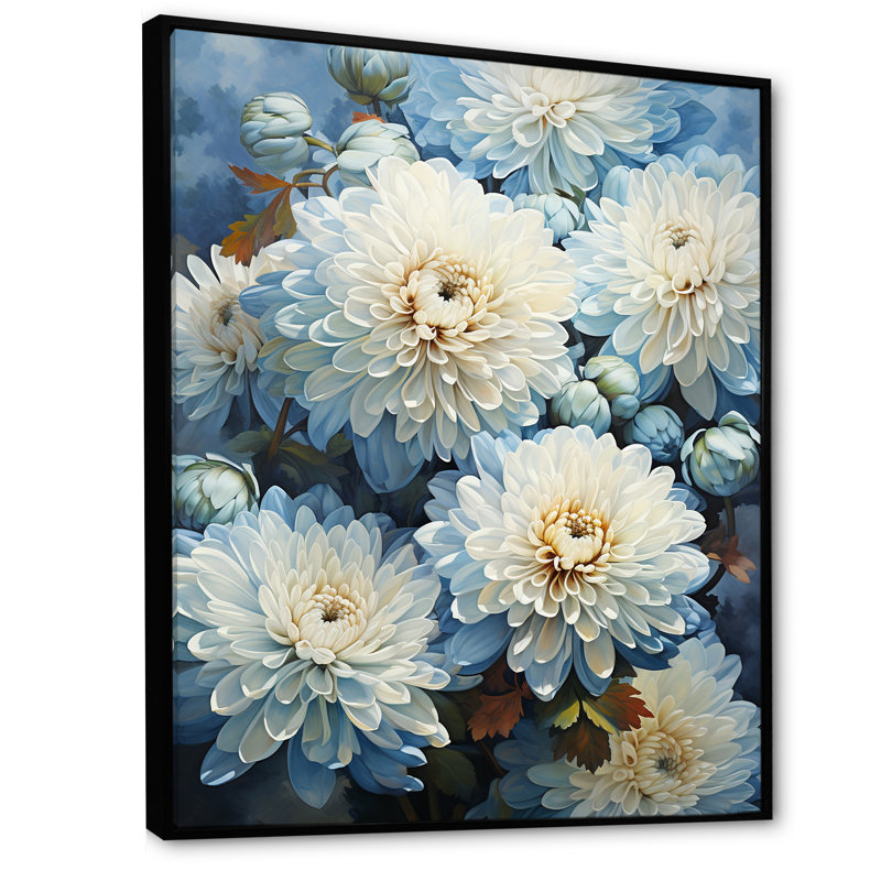 «Blue and White Mums Flowers Elegance II», reproduction sur toile, Cadre flottant noir, H 32 po x l 16 po x P 1 po