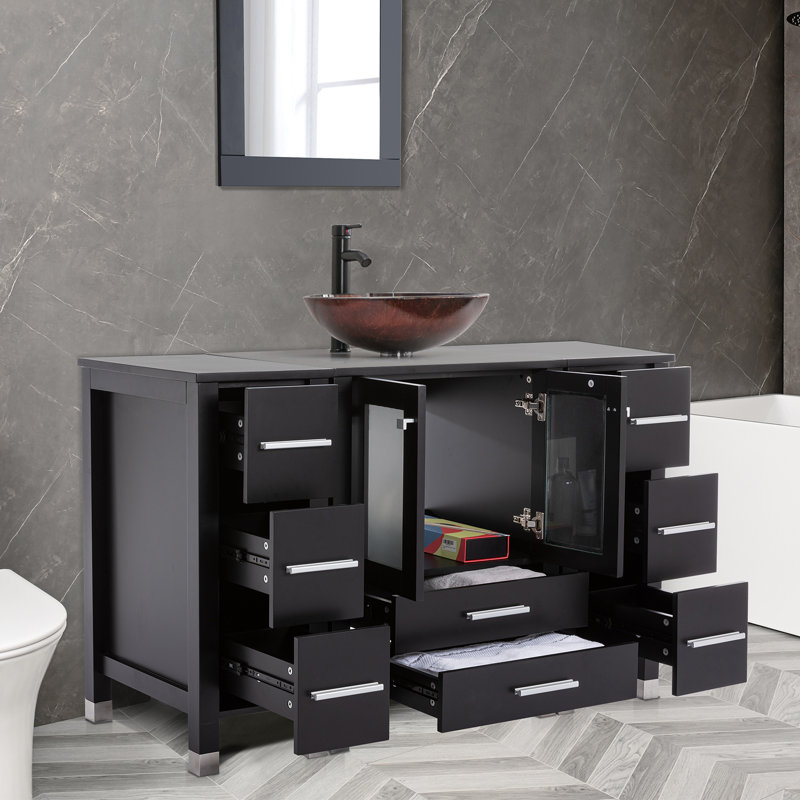 Getzel 48 Single Bathroom Vanity with Wood Top, Vessel Sink, Zinc Alloy Faucet, Solid Wood Legs, Brown, Black