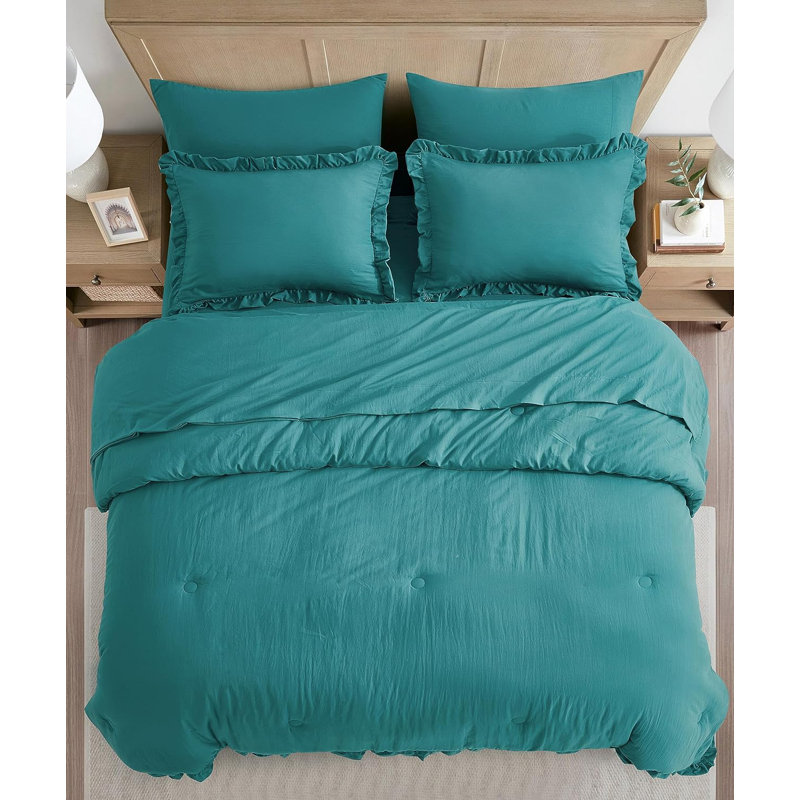 Ruffled Edge Microfiber Bed in a Bag Comforter Set, Twin Comforter + 4 Additional Pieces, Teal