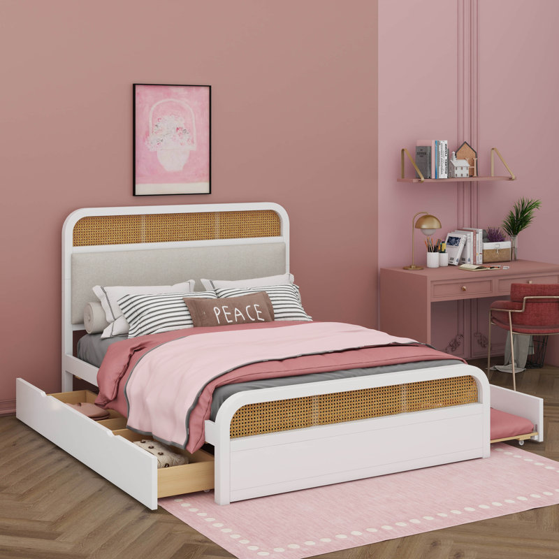 Grand lit plateforme en bois robuste avec lit gigogne et tiroirs de rangement, Blanc
