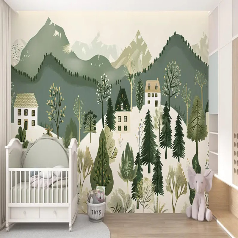 Murale fantaisiste forêt alpine village, 160" L x 108" W