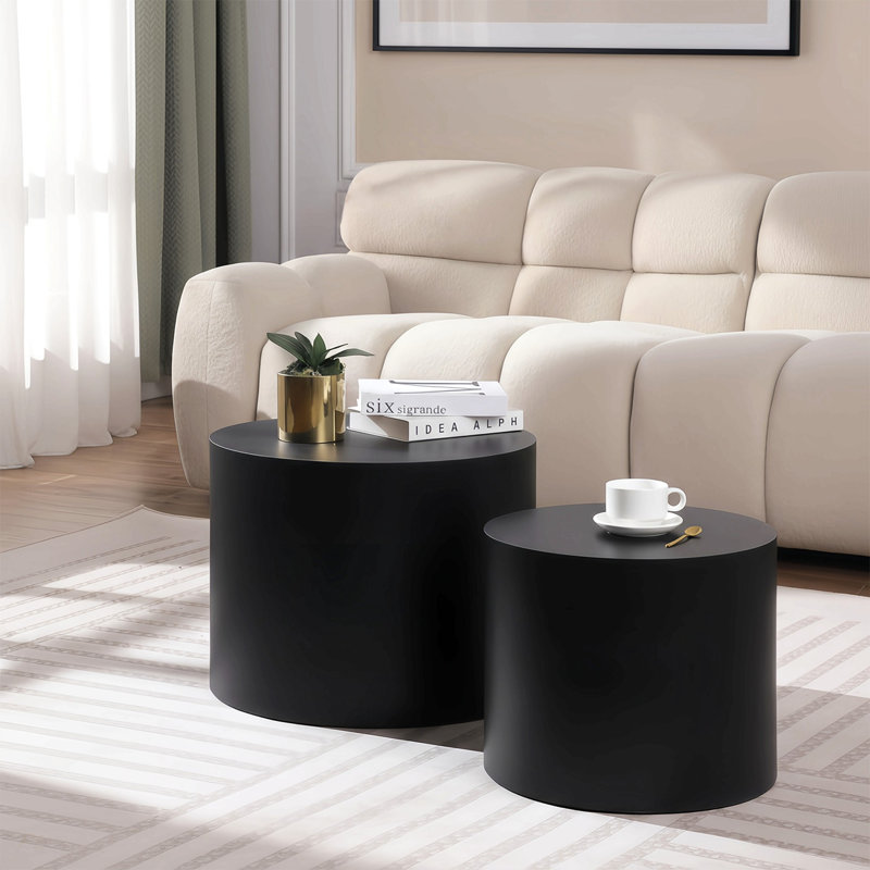Ensemble de 2 tables basses gigognes, table basse ronde moderne avec pieds antidérapants, table d'appoint en bois pour salon, chambre à coucher, bureau, balcon, terrasse, petit espace, sans assemblage, noir mat