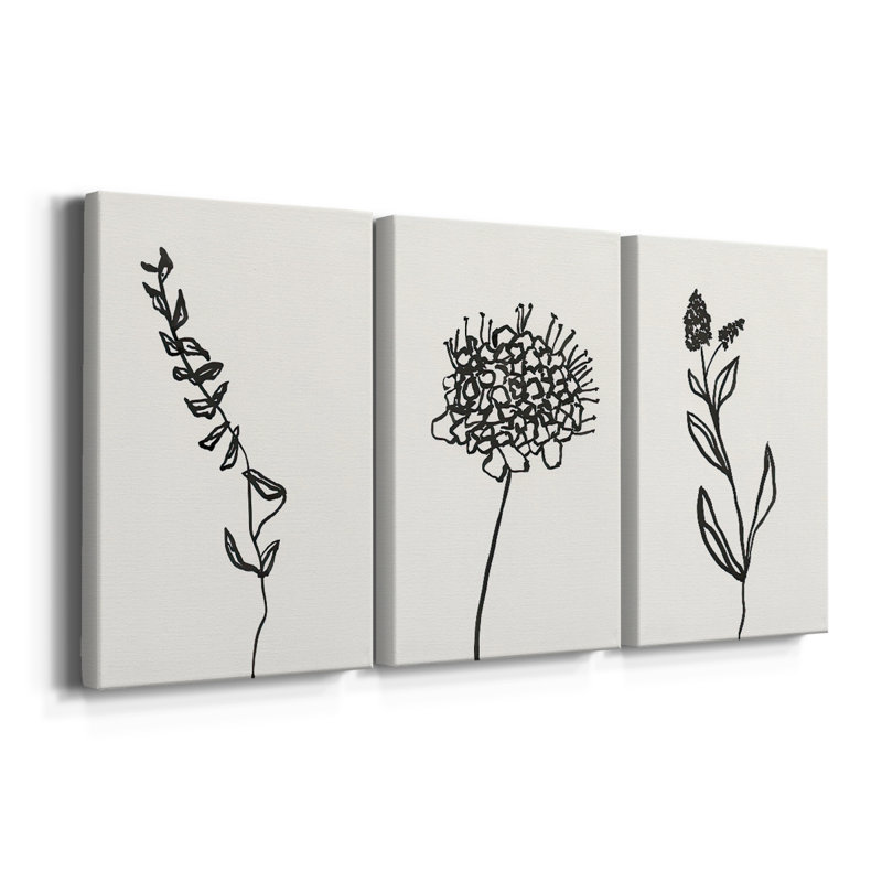 Encre de botanique, croquis à l'encre de Chine - toile tendue sur mesure - 3 pièces, H 27 po x l 54 po