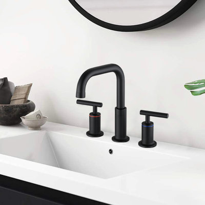 8" Widespread Double Handle Bathroom Faucet In Matte Black With Pop Up Drain - Solid Brass Construction, 360 Swivel, Drip- Ceramic Disc Valves, Flow Spout, 1.5 Gpm, Easy Installation, Rust And