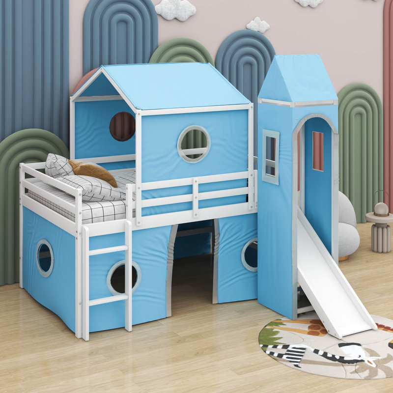 Twin Size Loft Bed With Slide And Tower, Blue