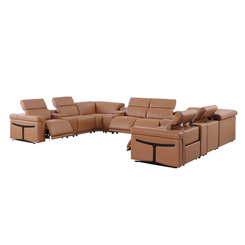 Stanwinn 12 – Piece 4 Power Reclining Top Grain Italian Leather Sectional with Power Headrest, Cognac Genuine Leather