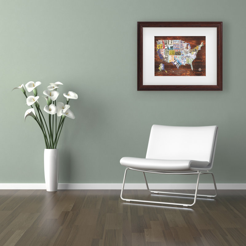 « USA License plaque Map »-impression d’art graphique, H 16 po x l 20 po x P 2 po, Encadrement brun, Blanc