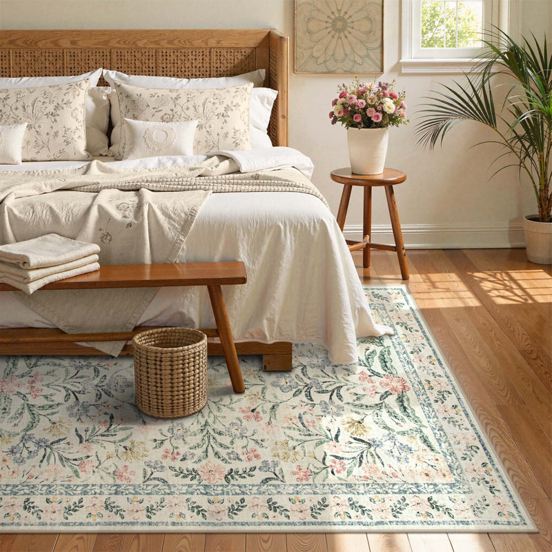 Washable Floral Area Rugs Boho Large Rugs Non-Slip for Bedroom Soft Rubber Backed Carpet, Rectangle 5' x 7'