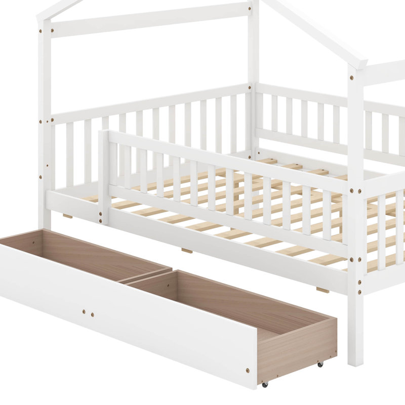 Lit en bois avec deux tiroirs, Double, Blanc