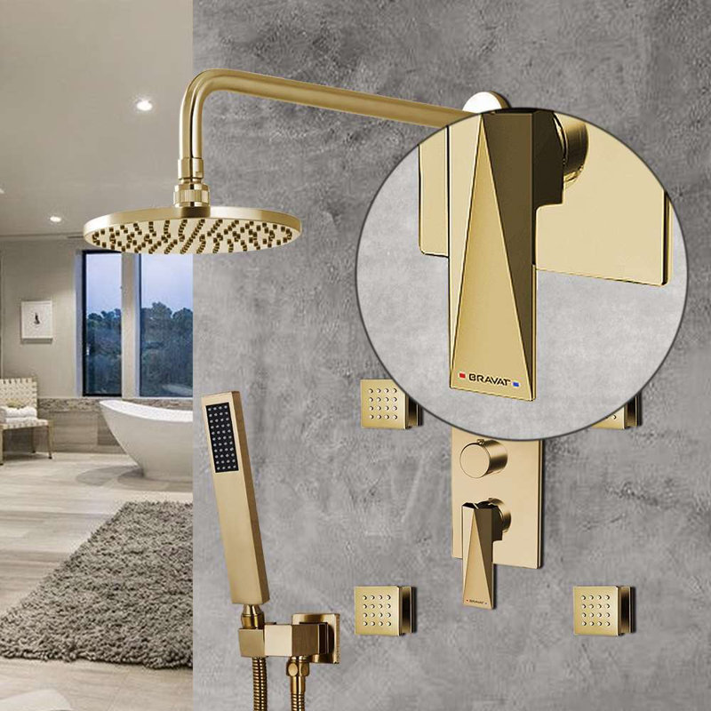 Bravat 3 Way Concealed Shower Mixer Set with Wall Mount Thermostatic Valve System, Brushed Gold