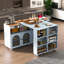 Îlot de cuisine mobile K&K avec table extensible, éclairage DEL, prises électriques et 2 portes vitrées cannelées, compartiment de rangement et 3 étagères latérales ouvertes, gris-1762965370