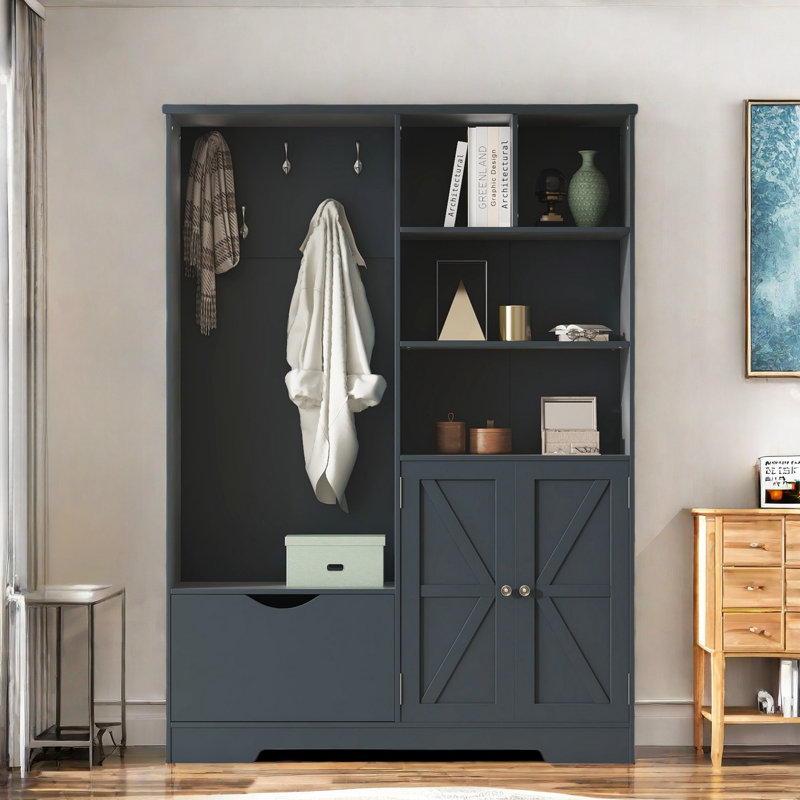 Okan Multi-functional Hall Tree with Storage Shelves Drawers and Cabinet with Bench, Antique Blue