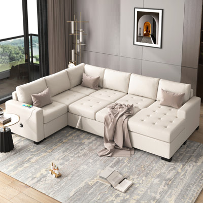 Canapé modulaire avec lit escamotable Ustyle. & Type-C. Revêtement en tissu chenille. Coussins en coton. Pour le bureau personnel. Moderne et chic. 7-9 places assises. Beige L 108,3 po x P 83,8 po