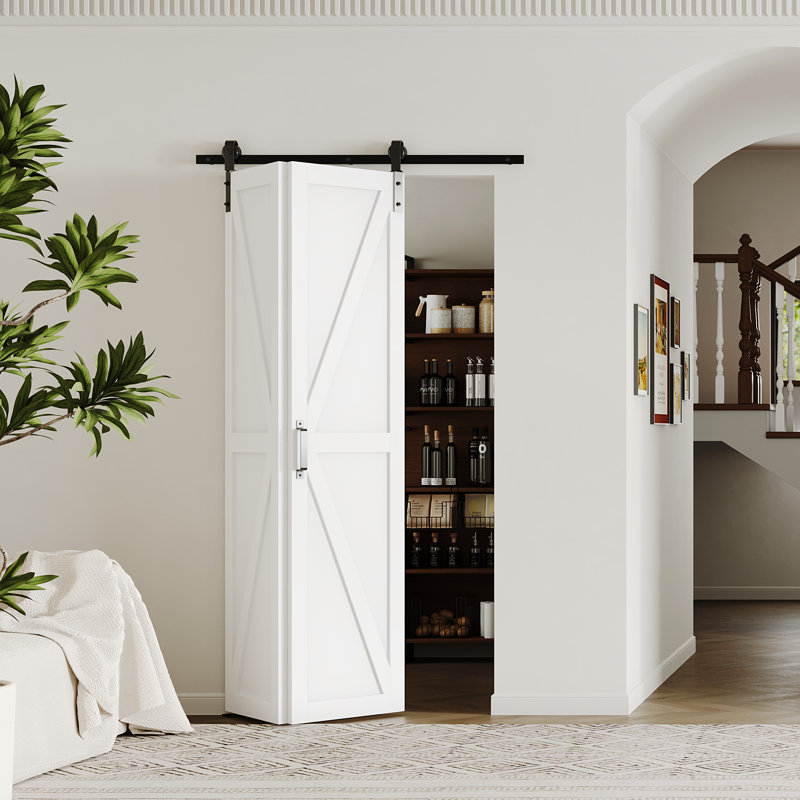 Porte de grange pliante moderne en bois manufacturé en forme de K avec quincaillerie incluse, 42 po x 84 po