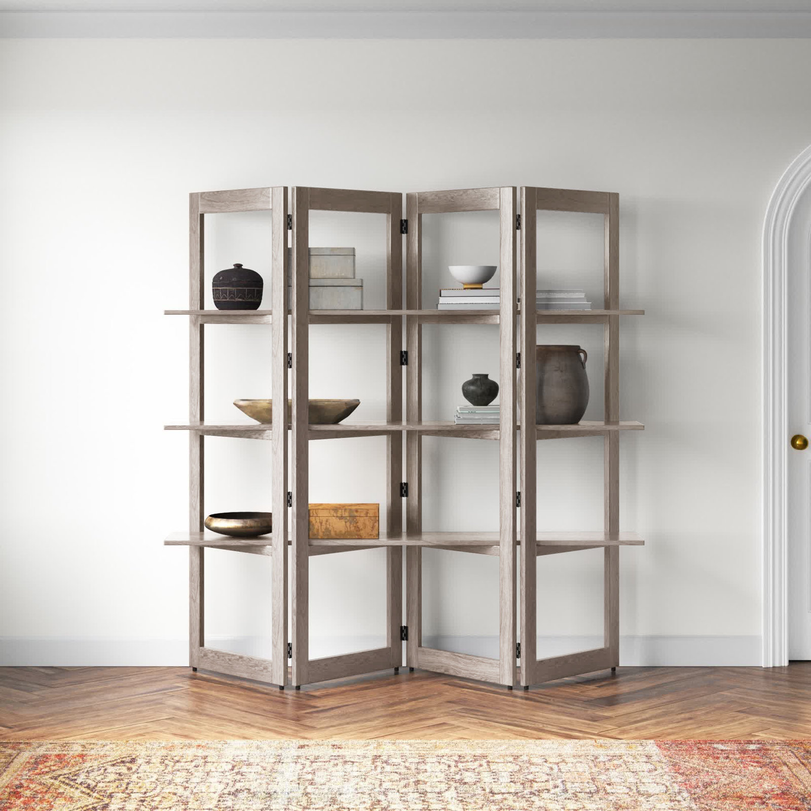 Wide Geometric Bookcase, Gray