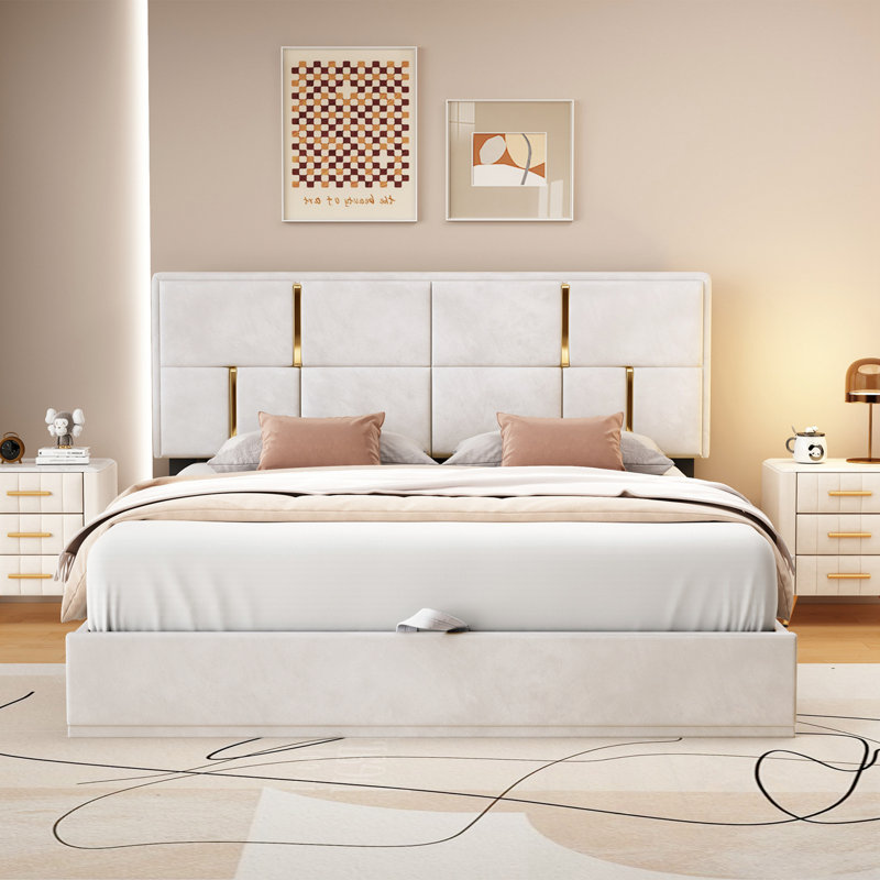 Grand lit plateforme tapissier avec système de rangement hydraulique, Beige