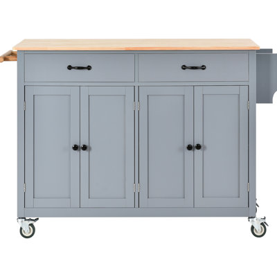 Kitchen Island Cart With Solid Wood Top, 4 Door Cabinet, 2 Drawers, Spice & Towel Rack, Locking Wheels  Grey Blue In Grey Desktop And Storage,