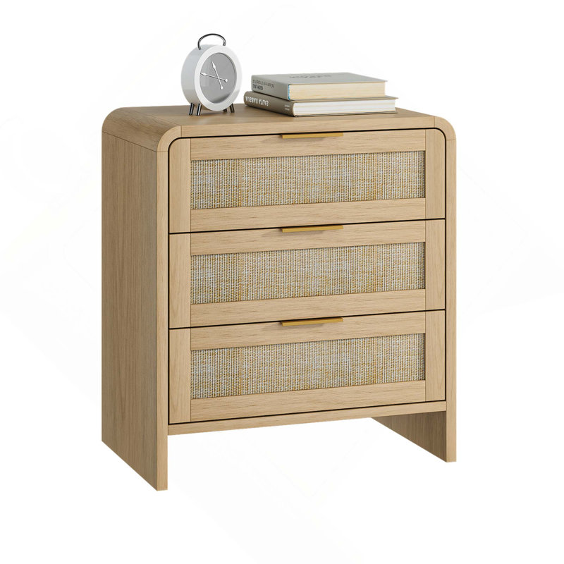Modern Rattan 3 Drawers Nightstand For Bedroom