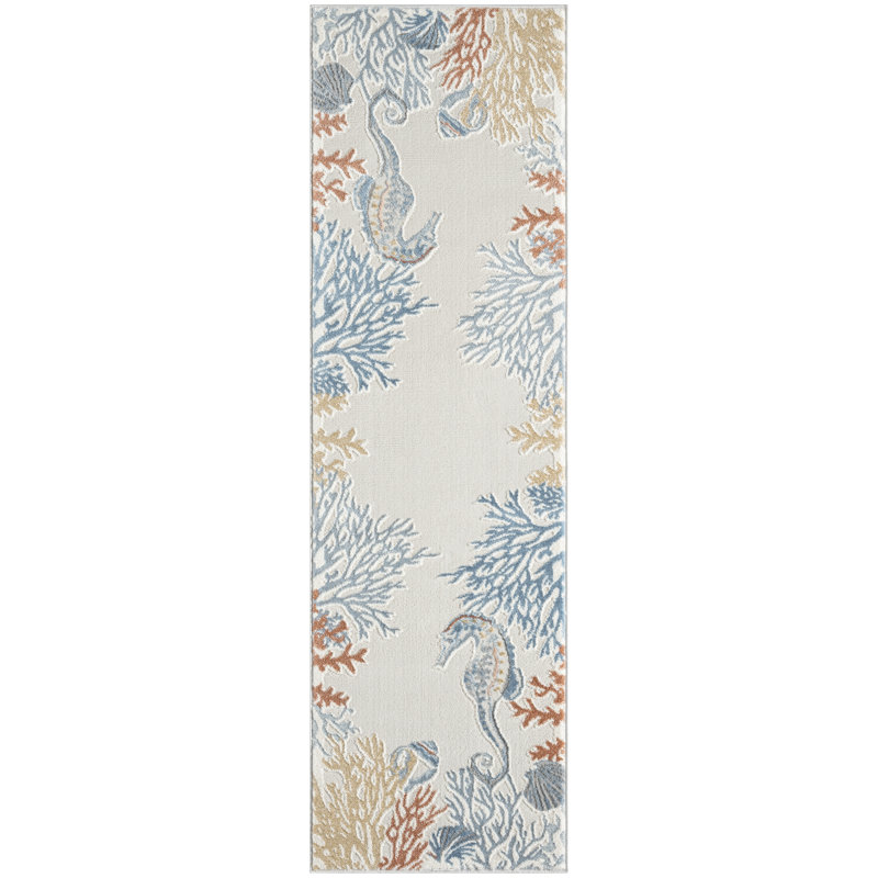 Baeza Animal Print Ivory/Blue/Red Area Rug, Runner 2' x 6'