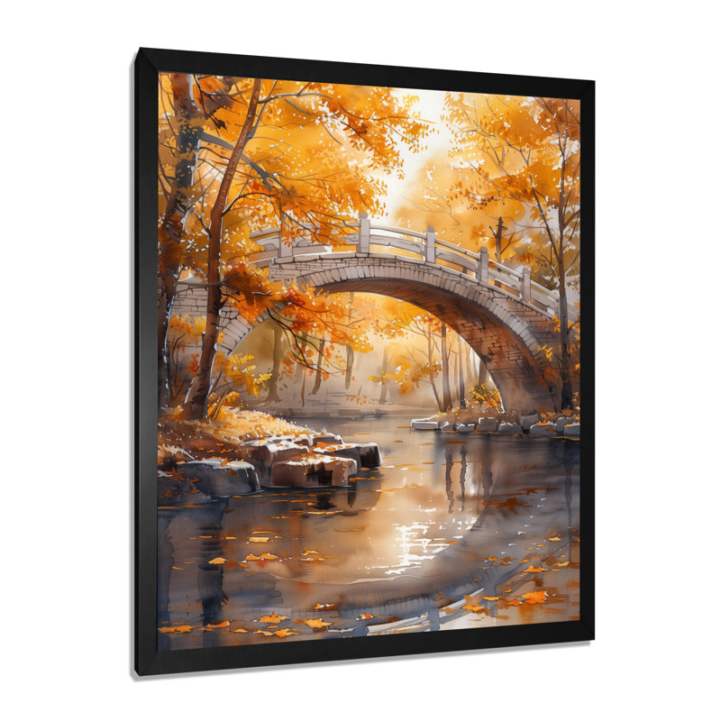 Décoration murale jaune et beige, automne, rivière de beauté IV - Ponts, H 32 po x l 24 po x P 1 po, Cadre simple noir