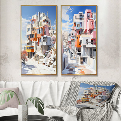 De Stijl Modern City In Winter - Snow Canvas Wall Art Set Of 2