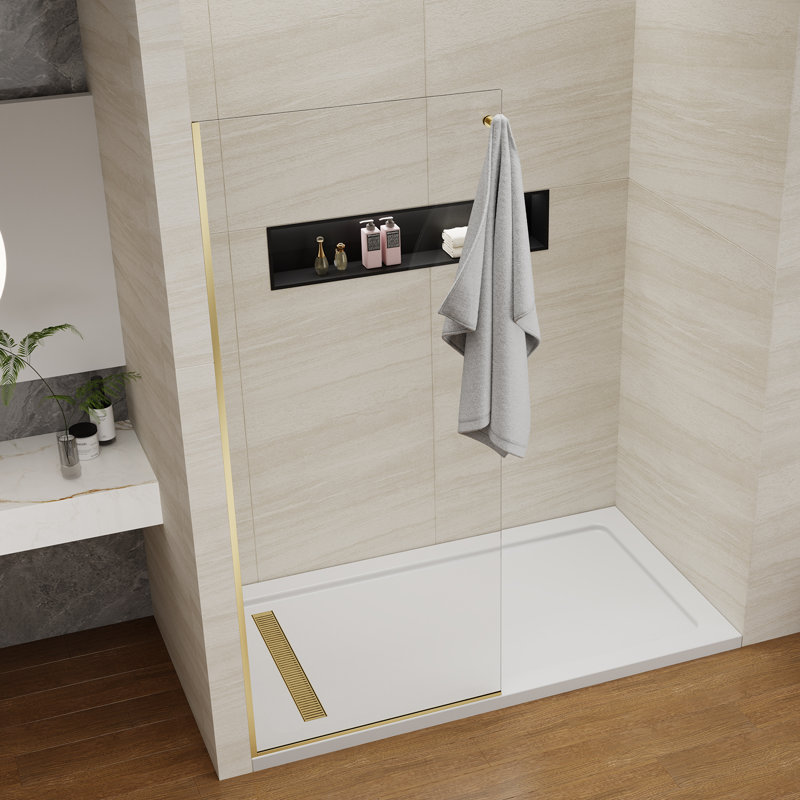 Shower Screen 32" Half Frameless Shower Wall Panel, Tempered Glass 3/8 Inch, Easy Clean Glass, Fixed Glass Shower Door With Towel Hook Brushed Gold