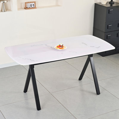 Rectangular Dining Table Featuring A Tempered Glass Tabletop With A Marble-Patterned Design And Metal Legs, Ideal For Restaurant Dining Settings.