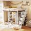 Lit mezzanine avec escalier de rangement, coiffeuse intégrée avec miroir et tiroir, garde-robe et armoires, ports et lumières de chargement USB-128509277